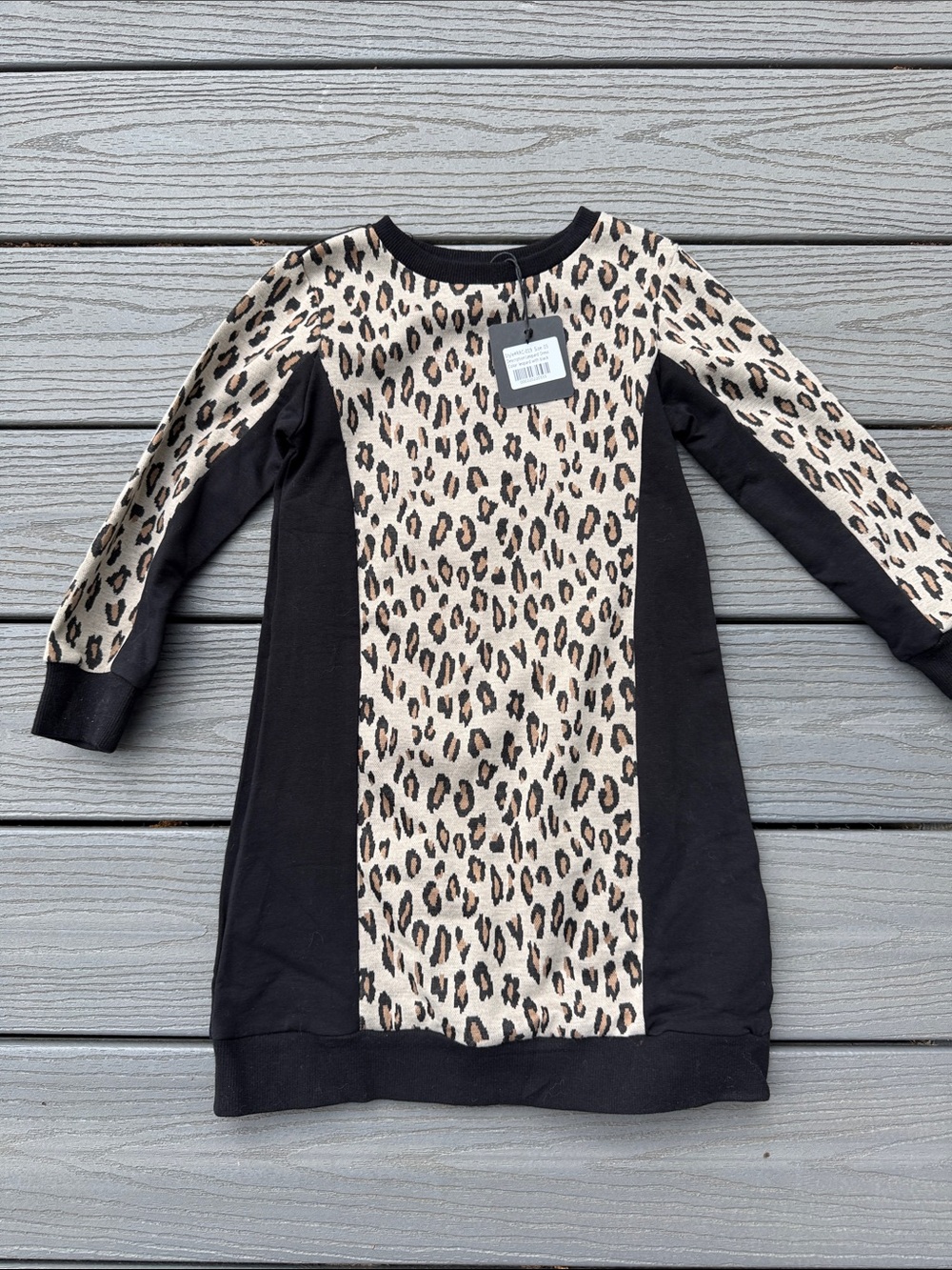 Girls Leopard Print Panel Black Dress